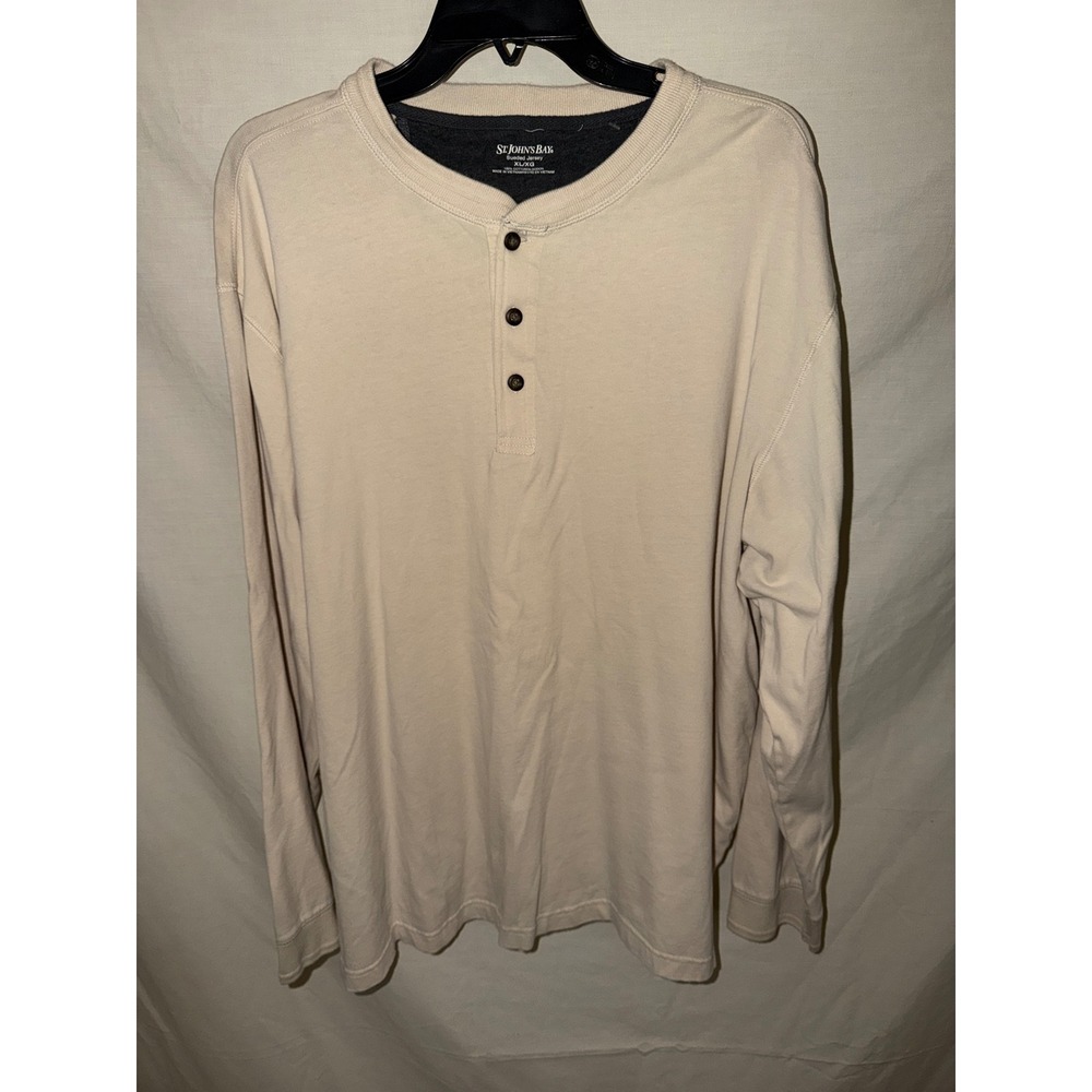 St Johns Bay Mens XL Sueded Jersey Henley Shirt Tan Beige Long Sleeve Cotton